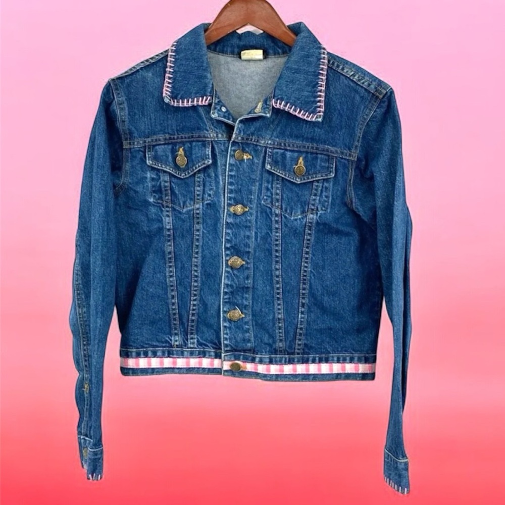 BeNt Y2K Jean Jacket Womens Size‎ Medium Blue Denim Cropped Pink Stitch Trim Vtg